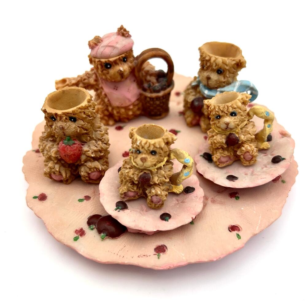 Vintage Miniature Teddy Bear Tea Set Pink Apple Resin Figurines 8 Piece Tray